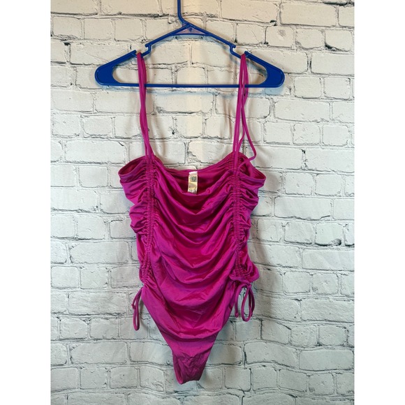 ASOS Swim Ruched Tie Side High Leg One Piece Swimsuit Fuchsia Size US 8 - Picture 1 of 3